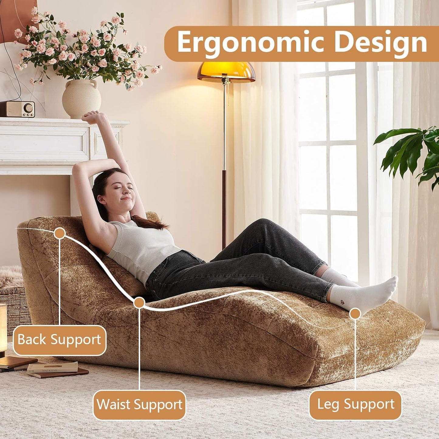 Huadeo Chaise Lounge Chair with Curved Back, Modern Upholstered Recliner Sofa, Tufted Accent Lounger Comfortable Lazy Chair for Bedroom, Apartment (Camel)