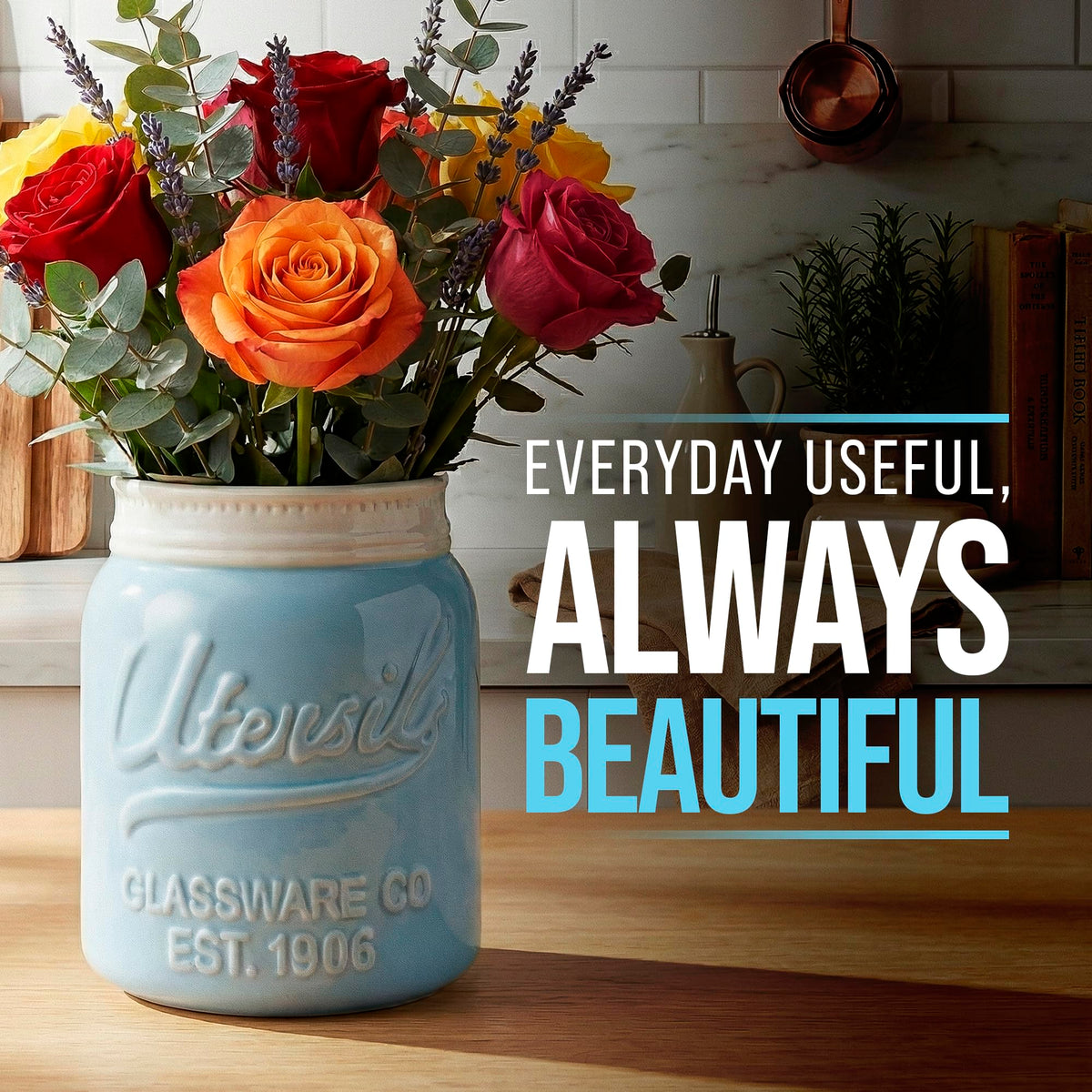 Comfify Blue Mason Jar Utensil Holder – Wide Mouth Ceramic – Farmhouse