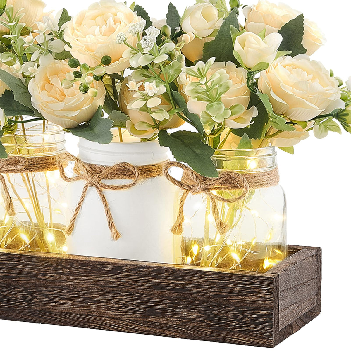 Mkono Mason Jar Lights Centerpiece Table Decor for Dining Room Farmhouse Wood Tray with Flowers Valentines Day Decoration for Coffee Table Kitchen Living Room Wedding