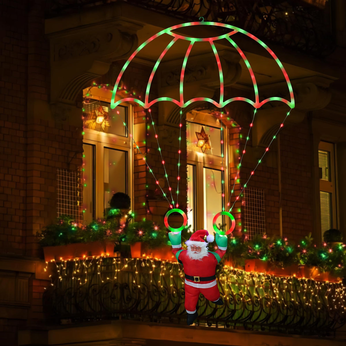 Toodour Christmas Decorations Lights Outdoor, 2.8FT Christmas Parachute Lights with Santa Claus, Waterproof 8 Modes Hanging Red & Green Xmas Light - Holiday Decorative Light for Indoor Eave Roof
