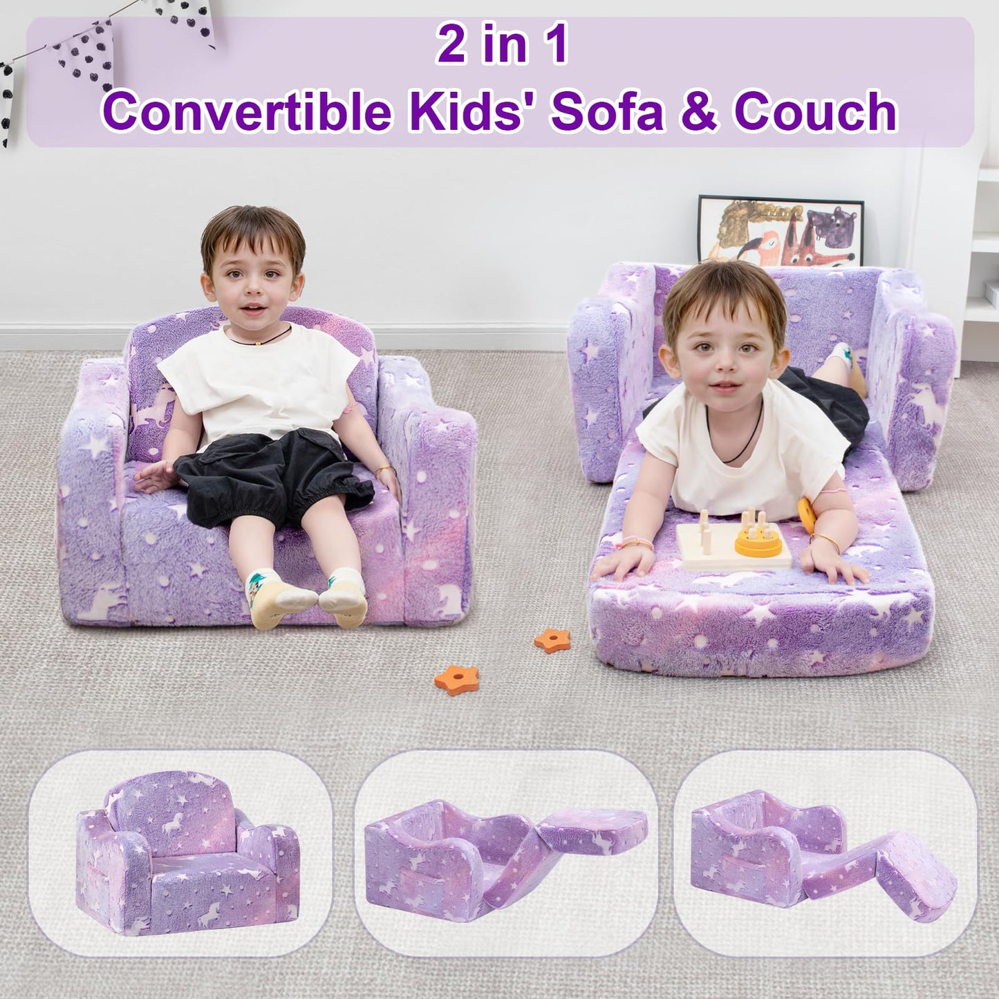 Airpanda Comfy Kids Chair and Couch with Blanket,2-in-1 Soft Fold Out Couch for Girls and Boys,Convertible Sofa Chair for Playroom,Purple Pony