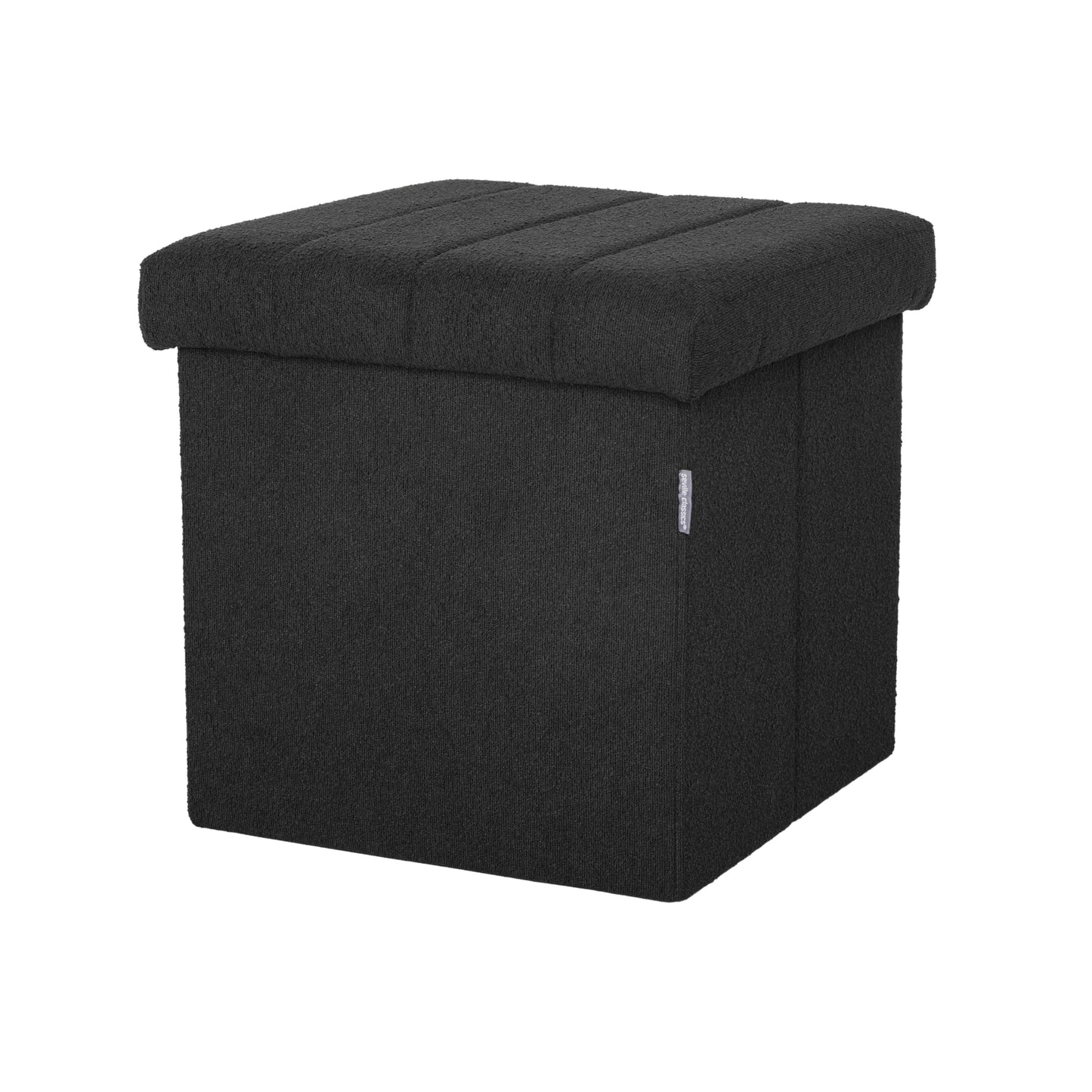 Seville Classics Cushioned Fabric Ottoman Hidden Storage Chest Footrest Chair, Padded Seat for Bedroom, Dorm, Loft, Living Room, Entryway, Hallway, Black Boucle, 15.7" Cube