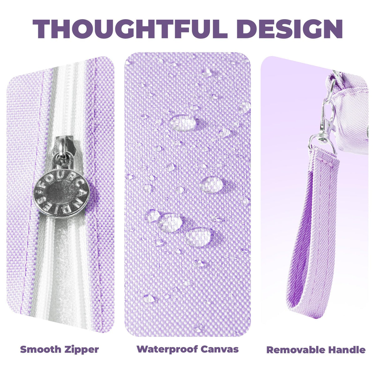 Four Candies Puple Pencil Case 3 Compartment Pouch, Large Pencil Case for School, Girls, Teen Boys, Women, Puple, Removable Handle & Zipper, Cute Pencil Bag for Office, College