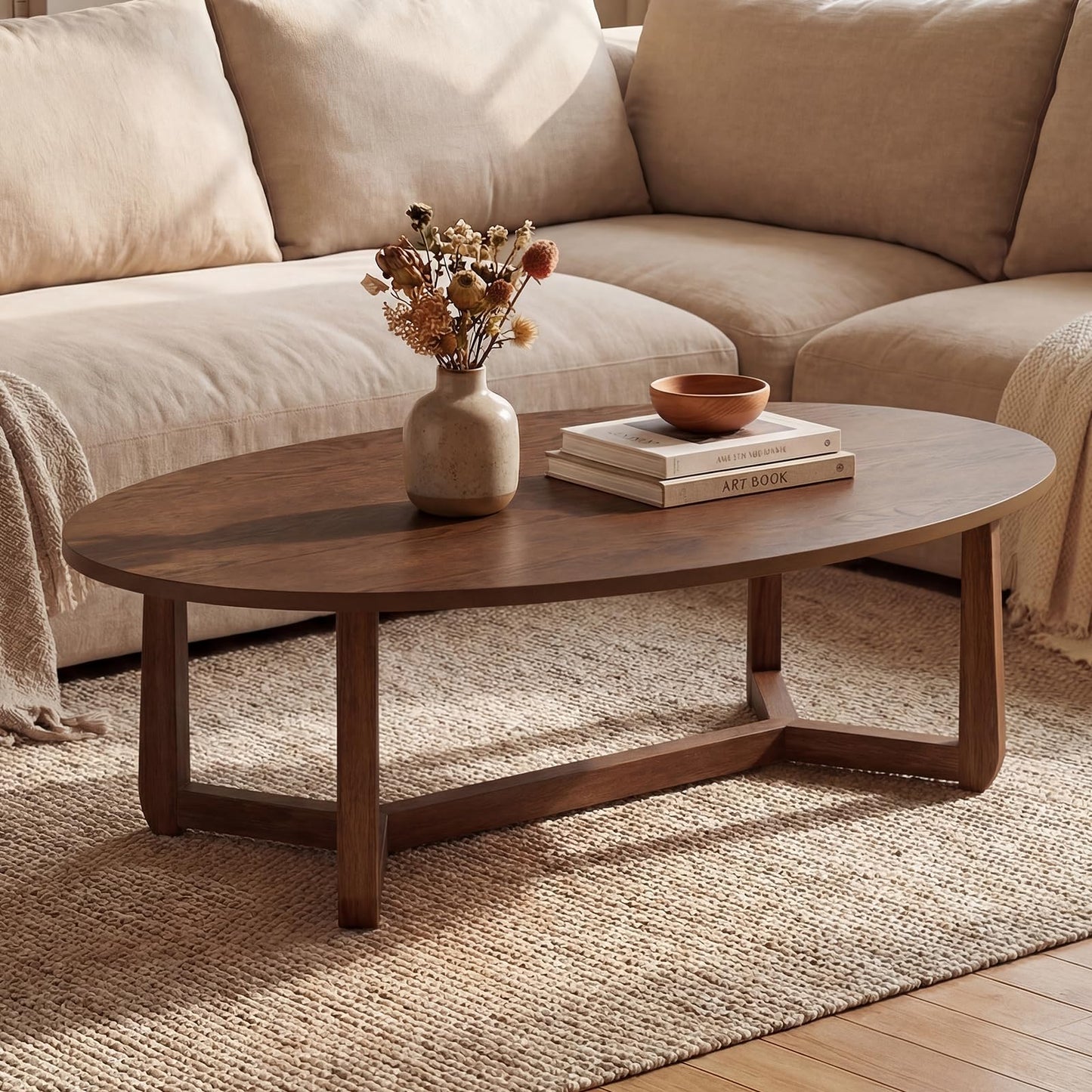 POWERSTONE Oval Coffee Table, 46'' Wooden Center Table, Low Profile Modern Living Room Table for Home, Reception, Office, Small Space, Walnut
