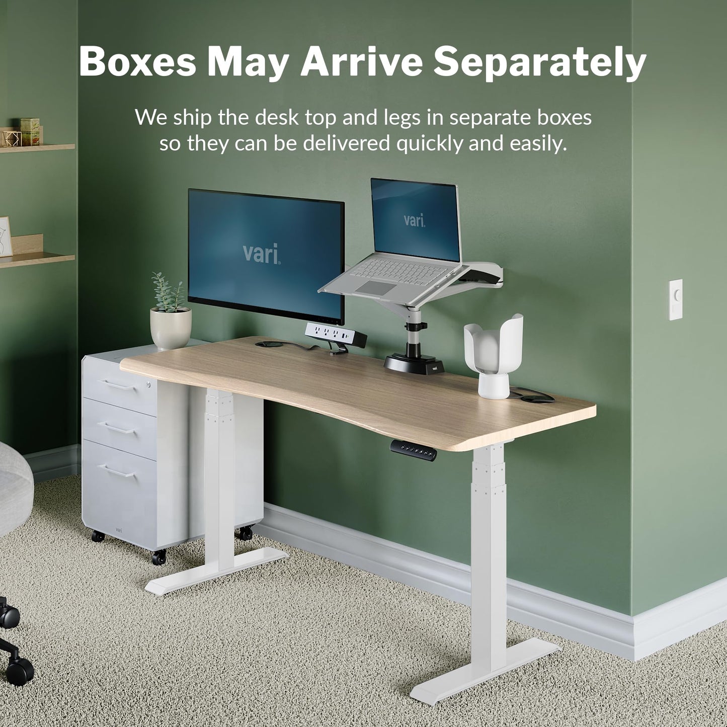 Vari Ergo 54x26 Electric Standing Desk – Height Adjustable Sit Stand VariDesk + Curved Waterfall Edge, 4 Memory Settings, Quick Assembly, Cable Management, 200 lb Capacity – Light Wood (2 Boxes)
