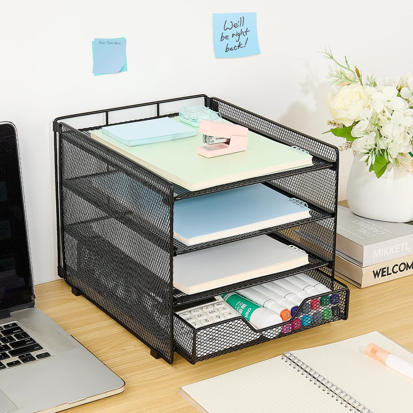 OPNICE Desk Organizers and Accessories, 4-Tier Desktop File Organizer with Drawer, Office Desk Accessories & Workspace Organizers for Office, Home Supplies(Black)