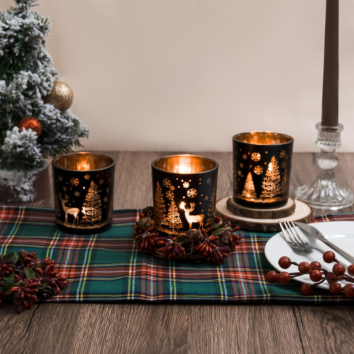 Toptime Votive Candle Holders, Black and Gold Glass Tealight Candle Holder Set of 3, Christmas Candle Holder with Elk, Xmax Tree, Snowflake Pattern, Table Canterpieces for New Year Party Decor