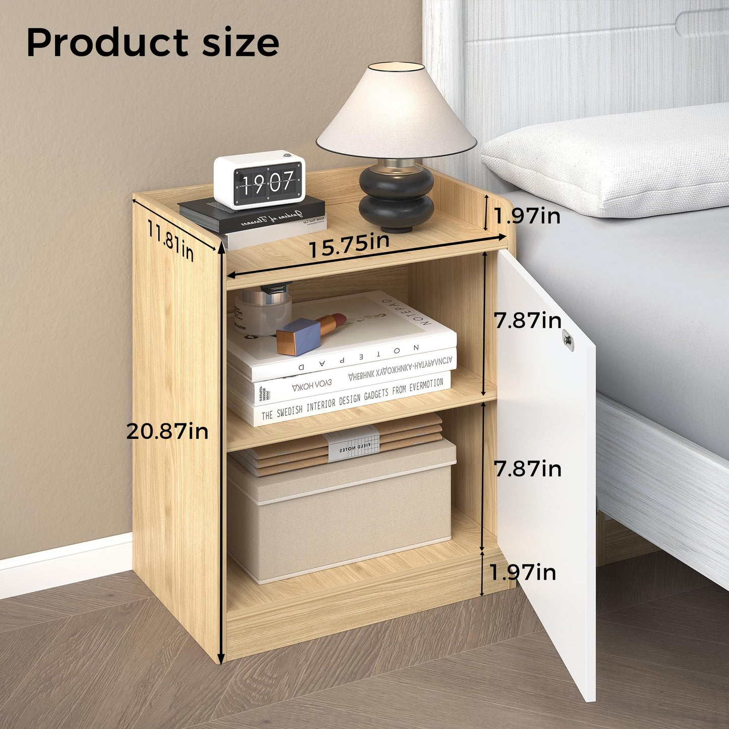 vie poetique Modern Wooden Nightstand, Durable, Elegant Design for Small Spaces, Wooden Night Stand Measuring 11.81" 15.74" 20.86", for Bedroom, Natural