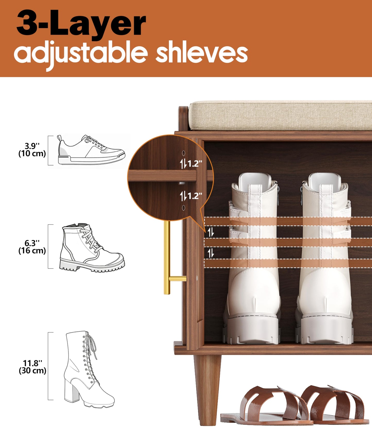Akxomel Rattan Shoe Storage Bench with Cushion, 2-Tier Entryway Bench with Adjustable Shelves and 2 Doors, 15" D x 39.4" W x 20" H, Solid Wood Legs, for Hallway, Living Room, Bedroom, Walnut