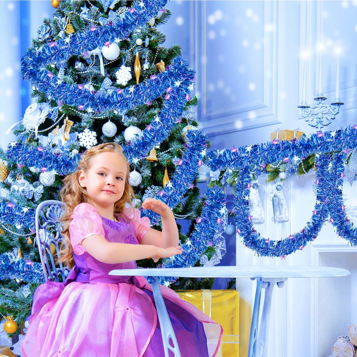 64.6 Feet Blue Purple Snowflakes Tinsel Garland Christmas Glitter Metallic Iridescent Twist Hanging Garland for Xmas Snow Winter Indoor Outdoor Ceiling Wall Tree Birthday Party Decoration