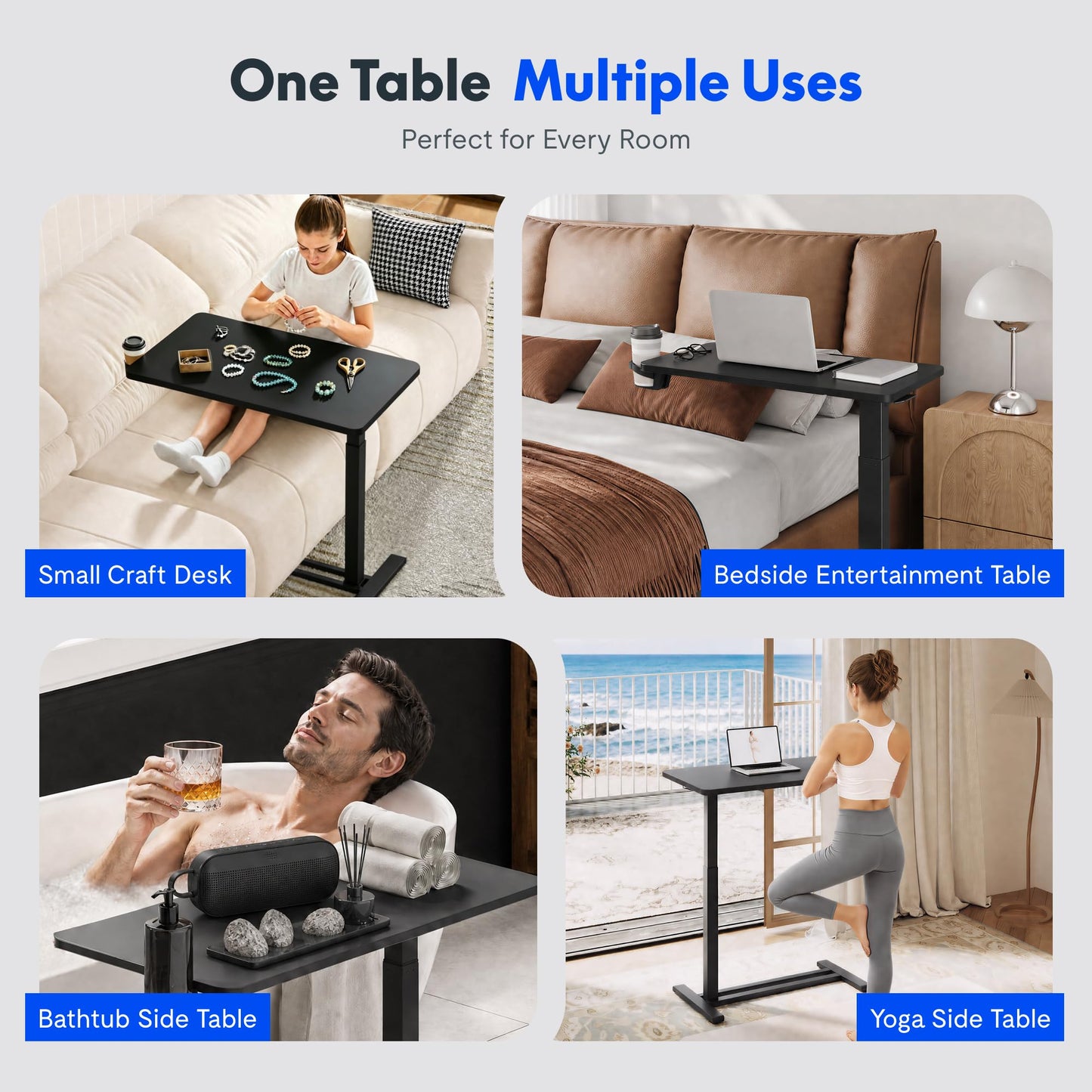 FLEXISPOT H7 Adjustable Overbed Bedside Table with Wheels Pneumatic Mobile Standing Desk Laptop Desk Rolling Computer Cart Movable Overbed Tables Hospital Home Use(27.6" W x 15.7" D, Black Table)