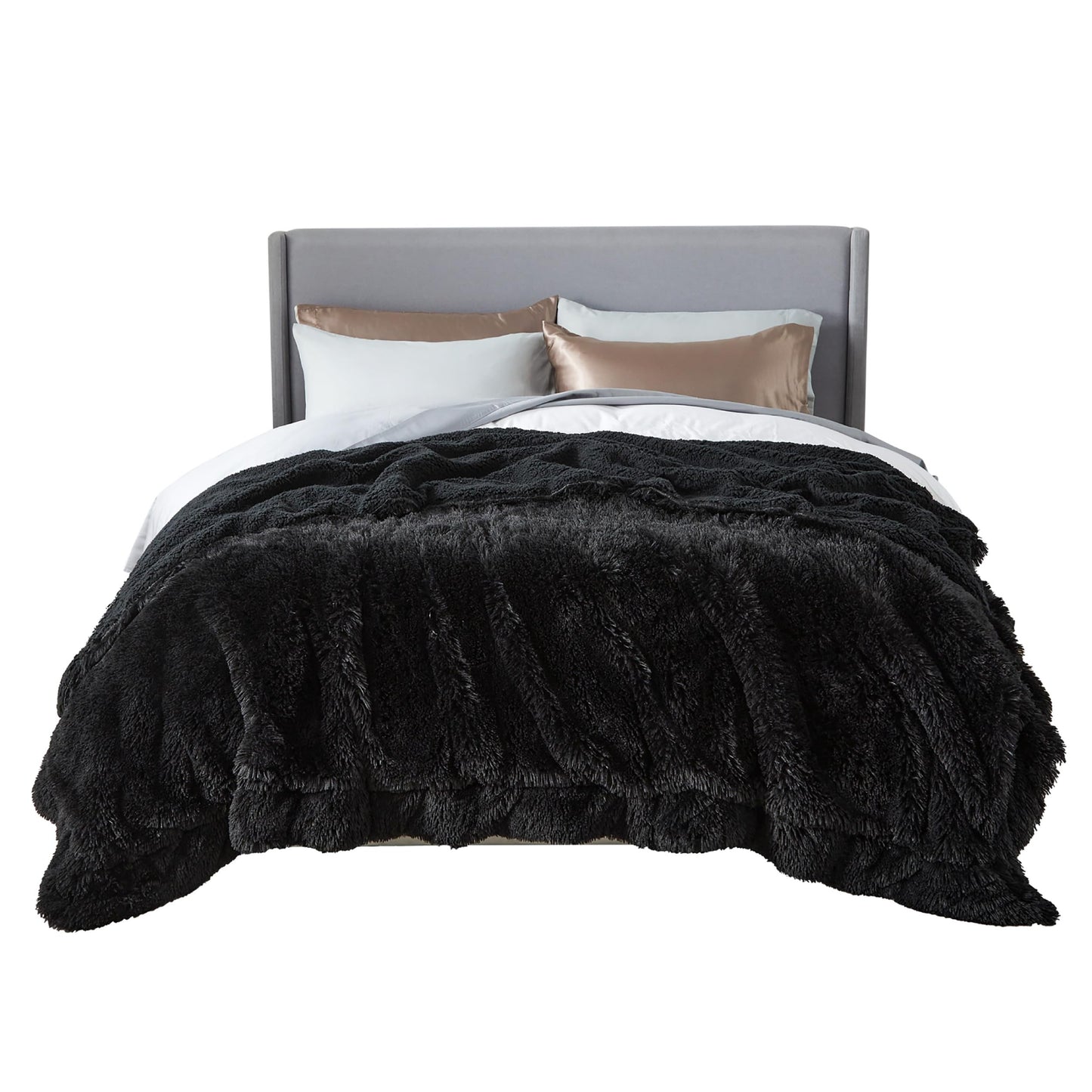 Bedsure GentleSoft Fluffy Black Blankets Queen Size for Bed, Thick Sherpa Faux Fur Fleece Fuzzy Plush Winter Warm Soft Full Queen Blankets, Bedroom Decor Black Gifts Cozy Gifts for Women Men, 90x90