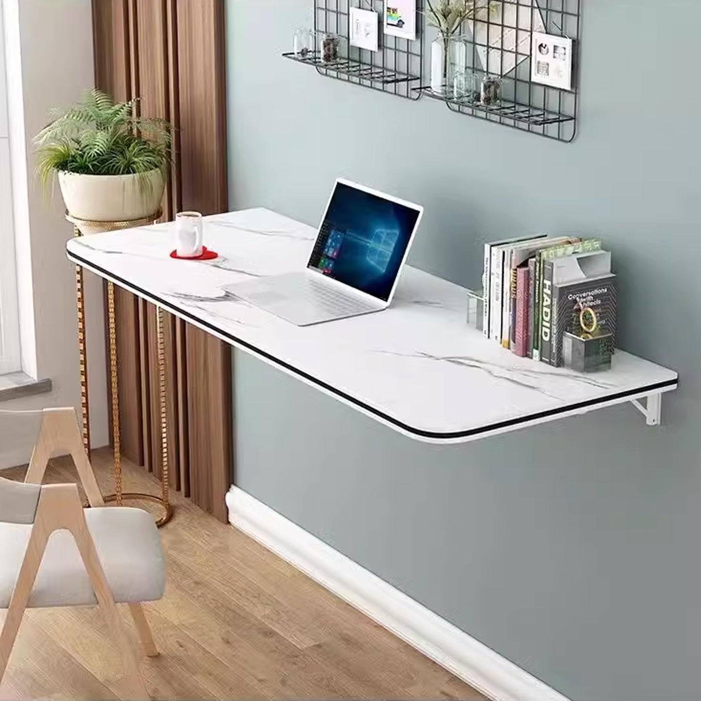 SKVSKV Wall Mounted Folding Table, Floating Desk for Wall Small Spaces, Fold Down Table for Home Laundry Room,Office Computer Workstation,Study Work Bench, Kitchen Dining (White 27.6"×15.7")