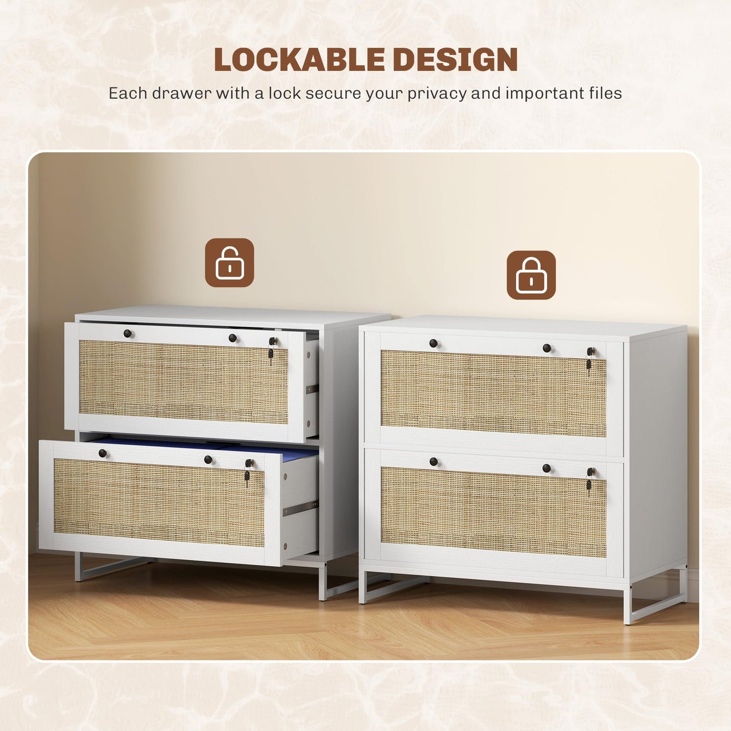 Vinsetto 2 Rattan Drawer File Cabinet with Lock, Lateral Filing Cabinet with Adjustable Hanging Bar for Letter, A4 and Legal Size Files, Printer Stand for Home Office, White