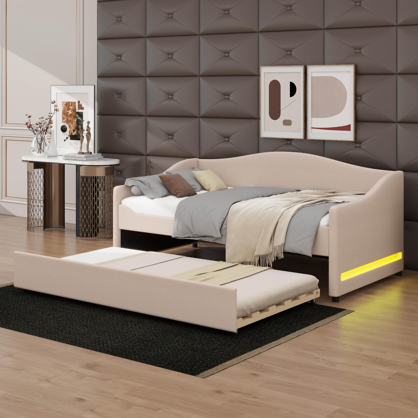 YunNianYang Teddy Fleece Upholstered Daybed with Light and Trundle (Beige, Twin)