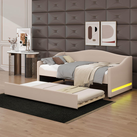 YunNianYang Teddy Fleece Upholstered Daybed with Light and Trundle (Beige, Twin)