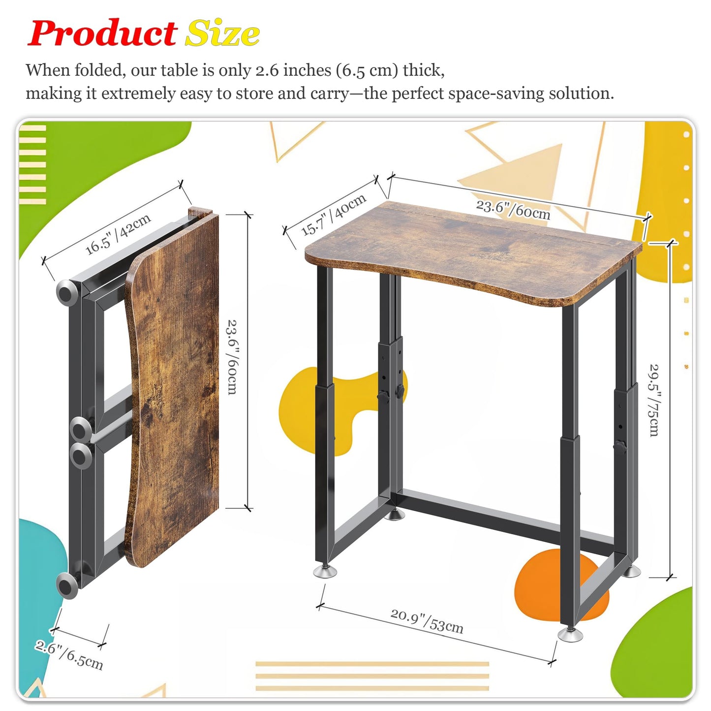 UDD No Tools Assembly Folding Desk, 23.6" Mobile Computer Desks with Wheels, Foldable Writing Fold Table, Portable Collapsible Work Craft Tables for Small Space Home Office Bedroom, Rustic Brown Black
