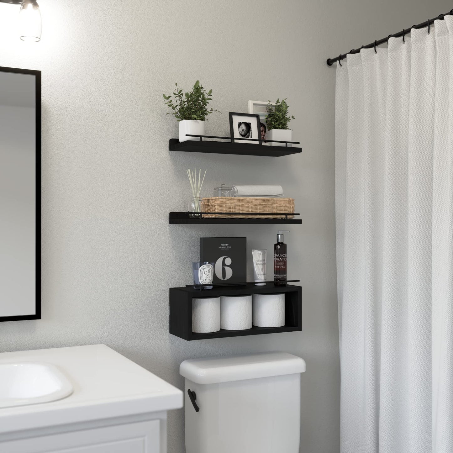 WOPITUES Floating Shelves for Wall with Cube Shelf, Wall Shelves with Metal Rail for Bathroom Decor, Bathroom Organizers and Storage, Over Toilet Shelves for Toilet Paper-Black
