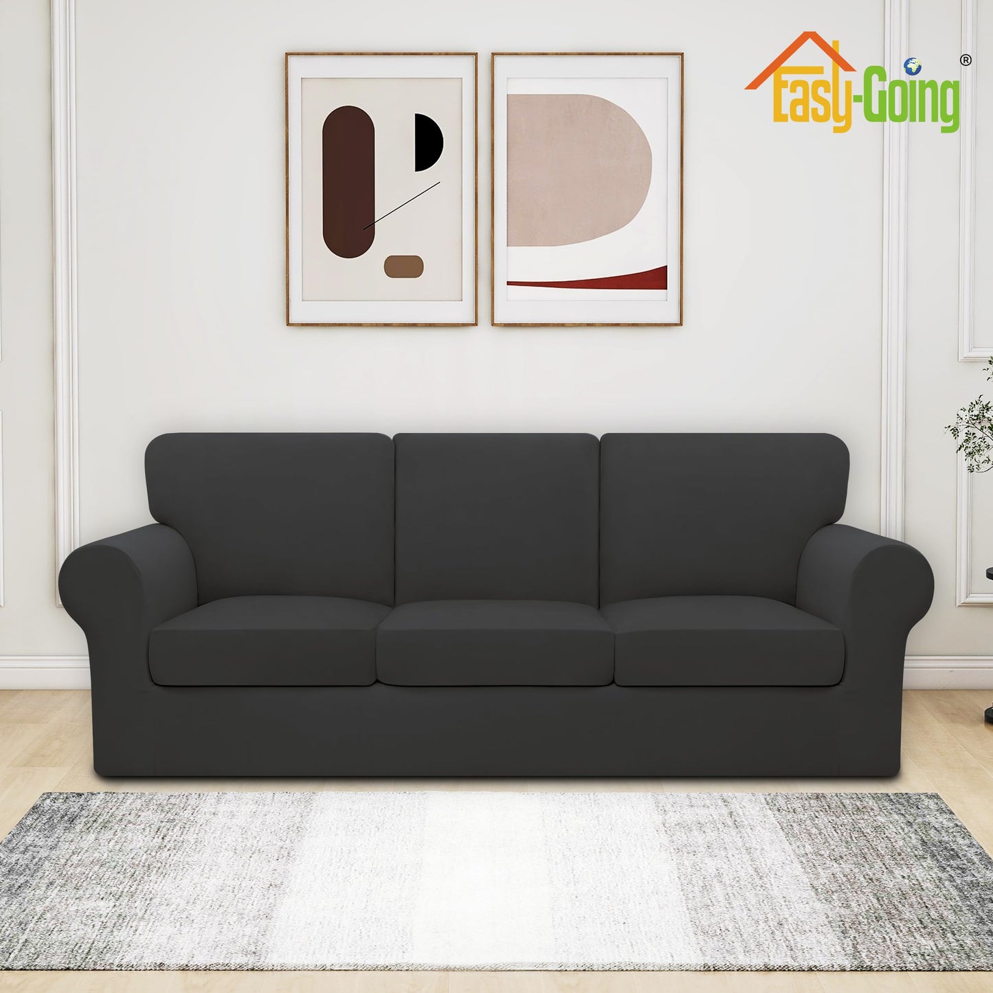Easy-Going 7 Pieces Stretch Couch Cover Washable Sofa Cover Set for 3 Backrest and Seat Cushion Couch Anti-Slip Sofa Slipcover Furniture Protector with Elastic Bottom (Large, Dark Grey)