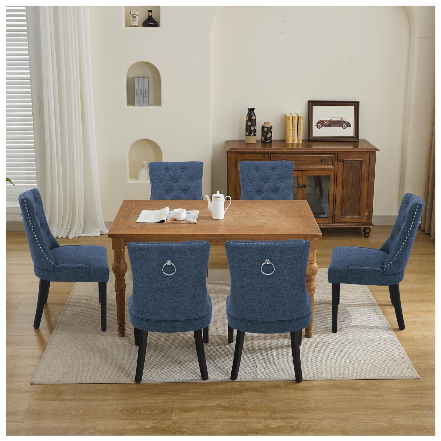 UDAX Upholstered Tufted Dining Chairs Set of 4, Fabric Side Dining Room Chairs with Nailhead Back Ring Pull Trim Solid Wood Legs, Dark Blue