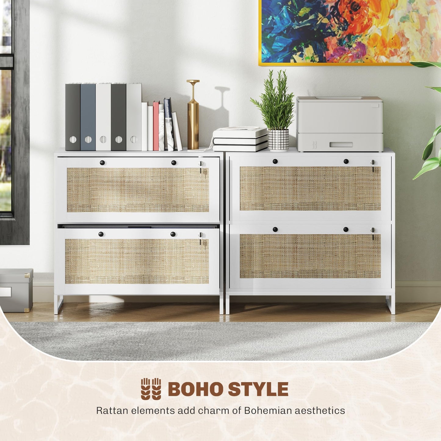 Vinsetto 2 Rattan Drawer File Cabinet with Lock, Lateral Filing Cabinet with Adjustable Hanging Bar for Letter, A4 and Legal Size Files, Printer Stand for Home Office, White