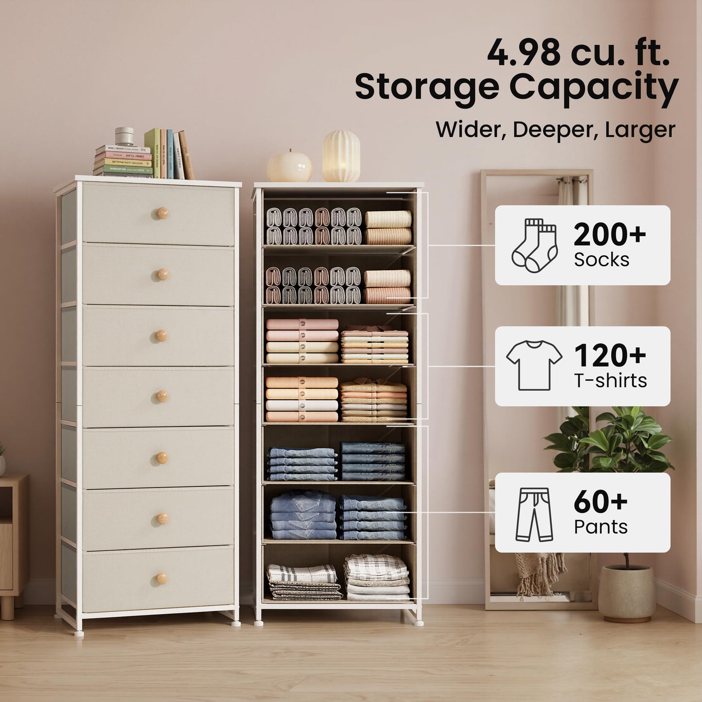 Crestlive Products Tall Dresser, 7-Drawer Fabric Storage Tower, Chests of Drawers - Vertical Organizer Unit for Bedroom, Hallway, Entryway, Nursery, Closets - Steel Frame, Wood Top & Handles (Beige)