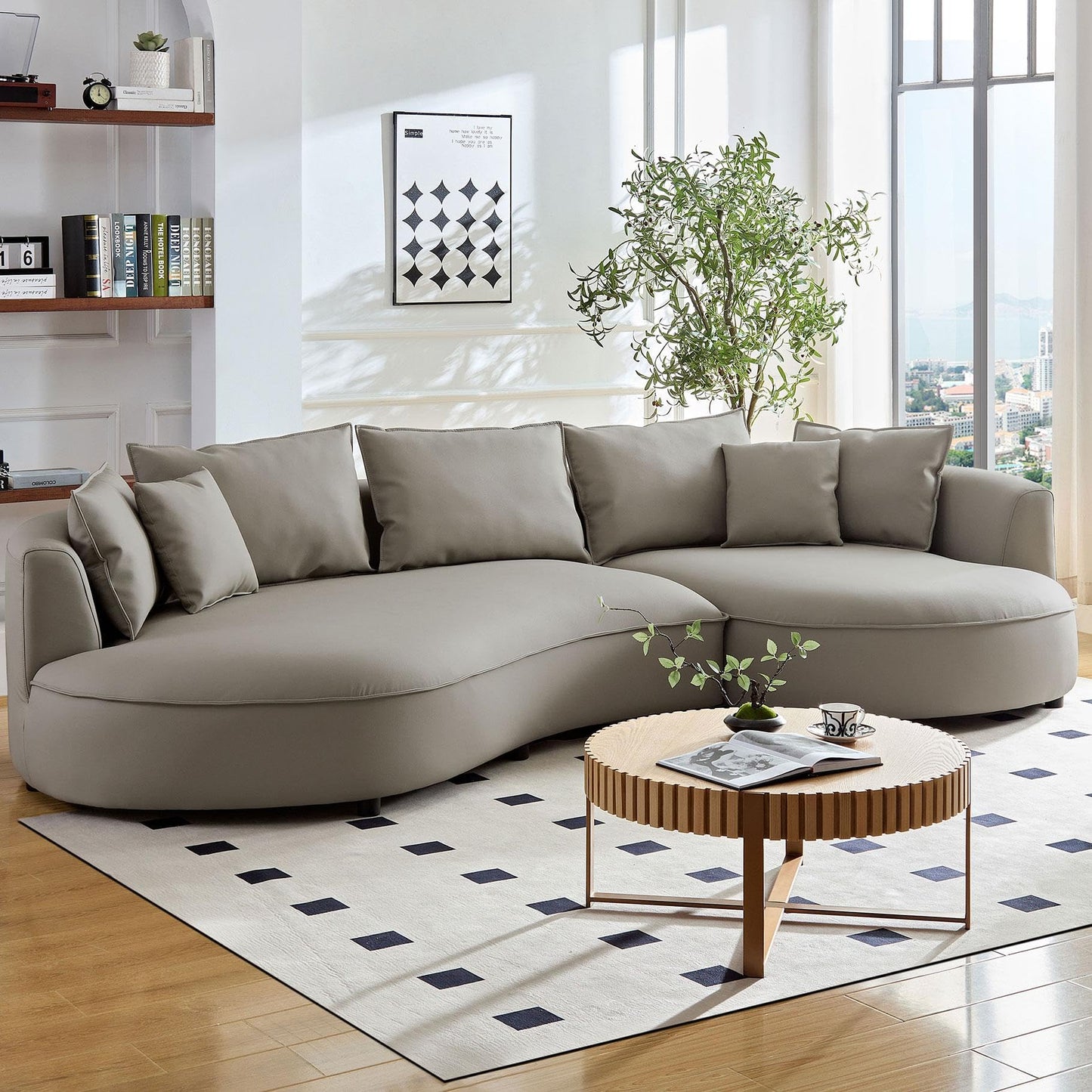 BBTJOINT Modern Curved Sectional for Living Room,Minimalist Design deep seat,Grey Bonded Leather Upholstered,L Shape Round Couch, Modern semicircualr Sofa