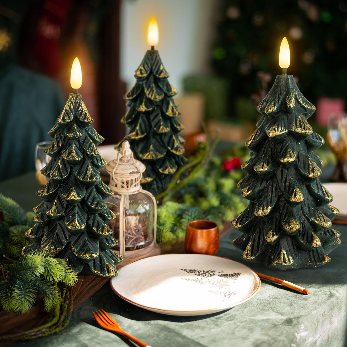 HN HAIINAA Green Christmas Tree Shaped Flameless Candles with Timer, Real Wax 3D Wick Flickering Battery Operated LED Candles for Christmas Home Party Decoration Set of 3