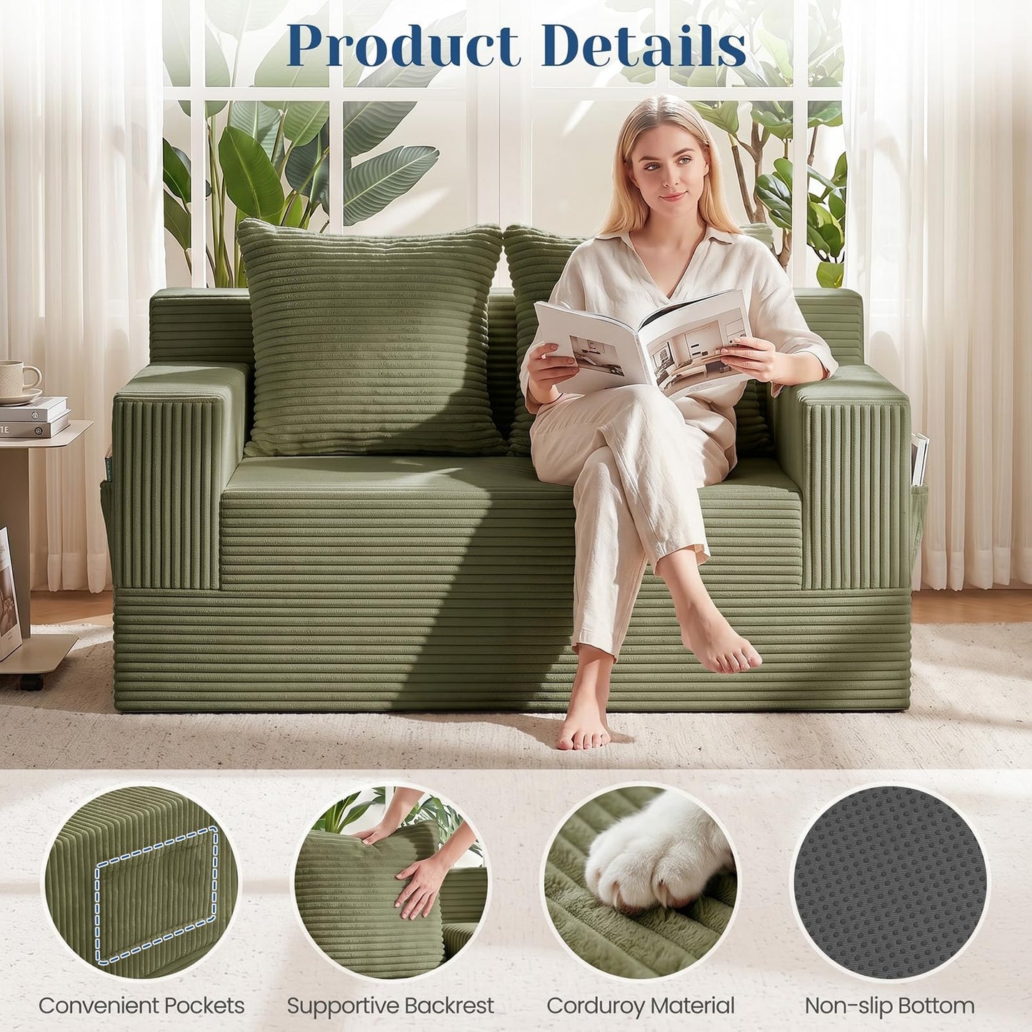 Convertible Sofa Bed,Small Boneless Couch & Boneless Loveseat,Pull Out Couch Bed for Small Spaces,Premium Luxe Corduroy Folding Floor Futon Sleeper with Side Pocket & 2 Pillows,No Assembly Required