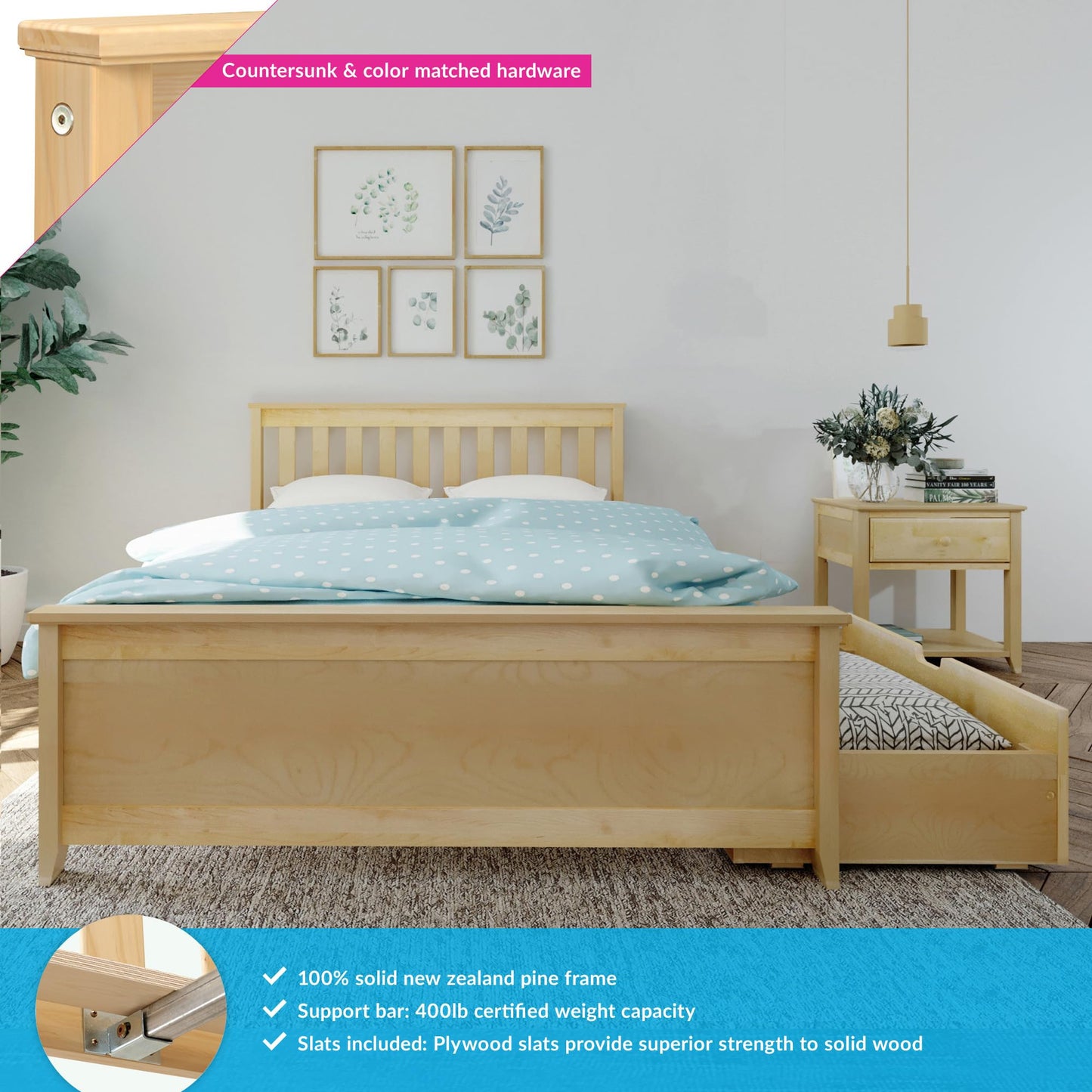 Max & Lily Classic Full Bed, Slatted Headboard, with Storage Drawers, Natural