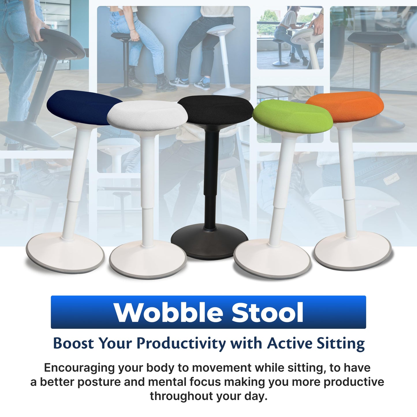 Standing Desk Stool Chair, Height Adjustable Stool 21-31 inch for Office and Classroom, Swivel seat, Anti-Slip Bottom Ergonomic Wobble Stool with Rocking Motion, Blue