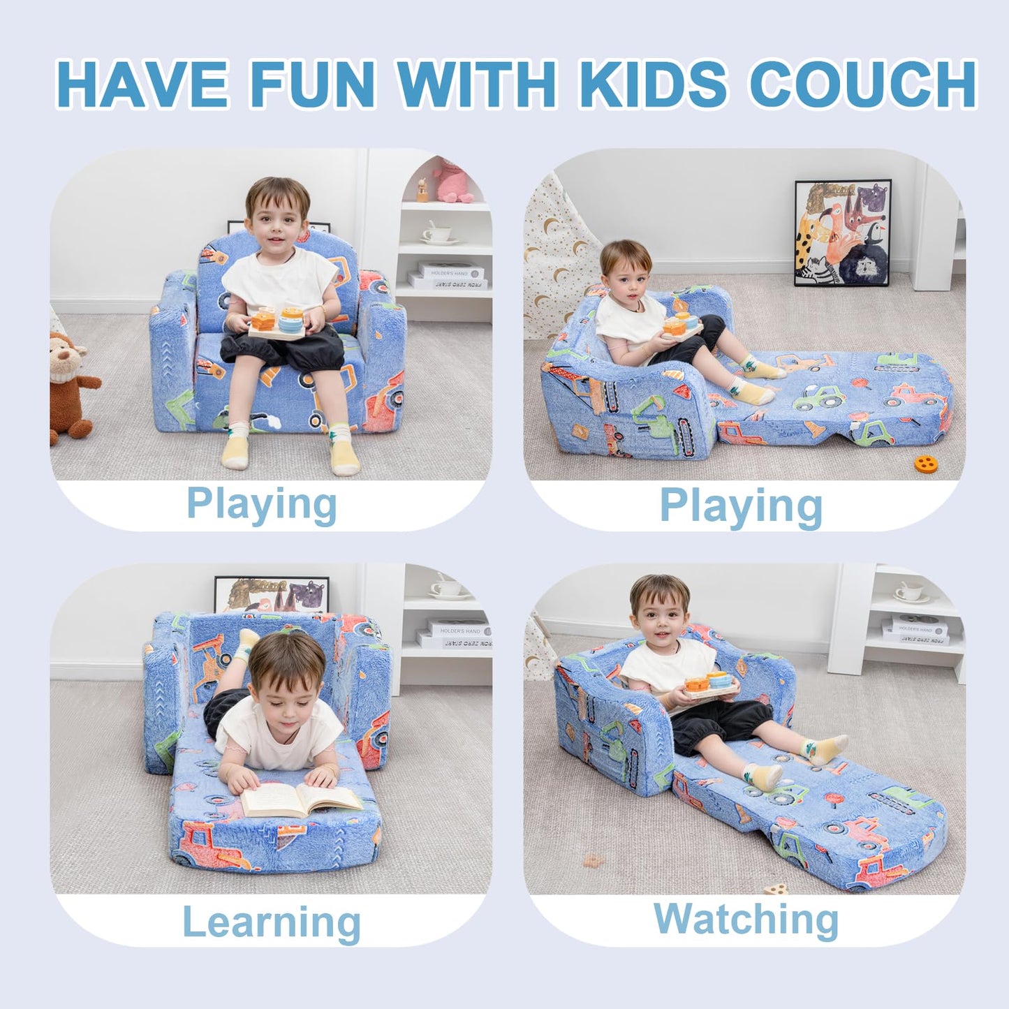 Airpanda Comfy Kids Chair and Couch with Blanket,2-in-1 Soft Fold Out Couch for Girls and Boys,Convertible Sofa Chair for Playroom,Car Excavator