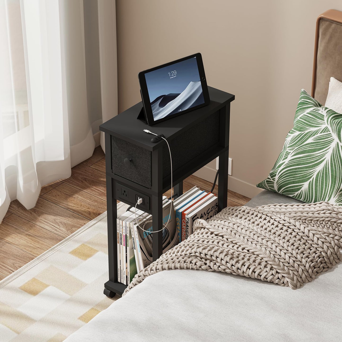 DGSANDGO Narrow Side Table (1PC) - Black End Table with Overload Protection, Charging Station Drawer & 4 Wheels, Mobile Storage Nightstand for Bedroom Studio Apartment (1 AC + 2 USB Ports)