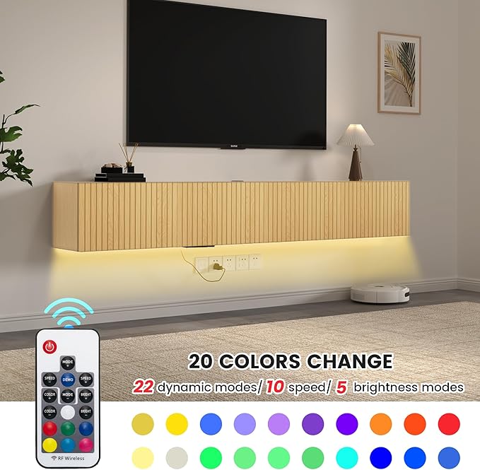 71” Floating TV Stand with LED Lights & Charging Station, Wall Mounted