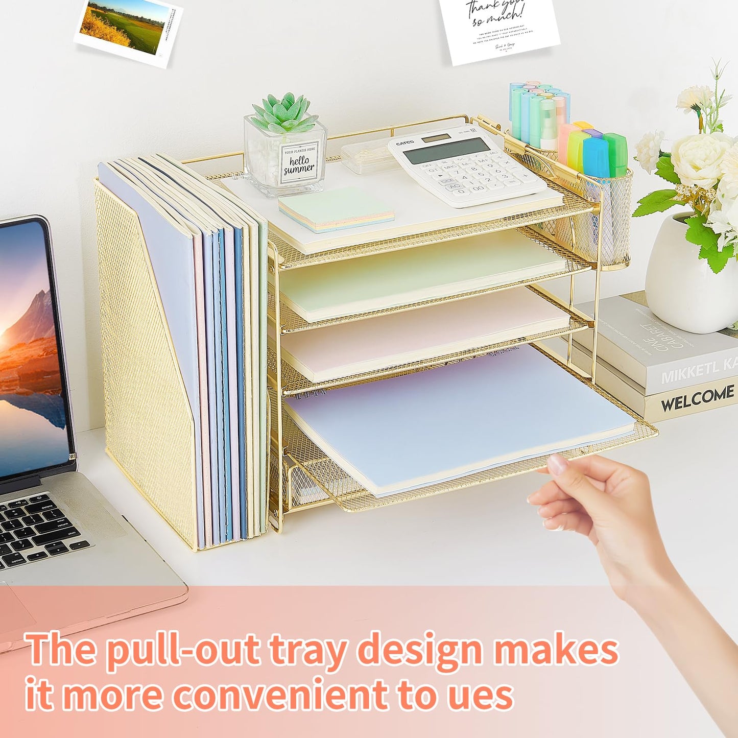 OPNICE Desk Organizer, 5-Tier Paper File Organizer with Drawer & Pen Holder, Office Desk Accessories, Workspace Desktop Organizer for Office Supplies(Gold)