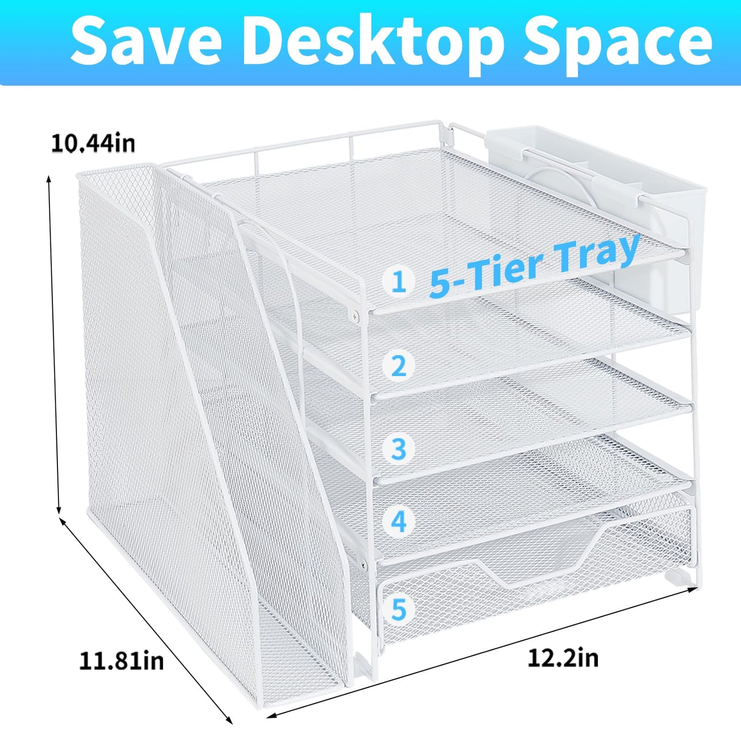 Gugsey Desk Organizers and Accessories, 5-Tier Paper Letter Tray Organizer with File Holder, Drawer & Pen Holder, Office Desk Accessories, Desktop Organizer for Classroom Office Supplies, White