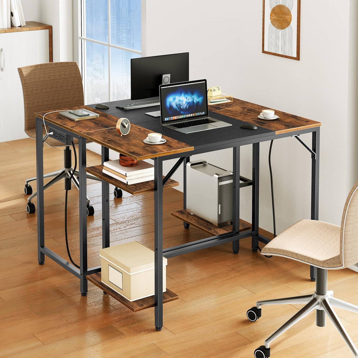 HOOBRO Small Computer Desk, Home Office Desk with Power Outlet, Writing Desk with 2 Shelves, Modern Small Desk for Home Office, Study, Easy to Assemble, Rustic Brown and Black BF43UDN01