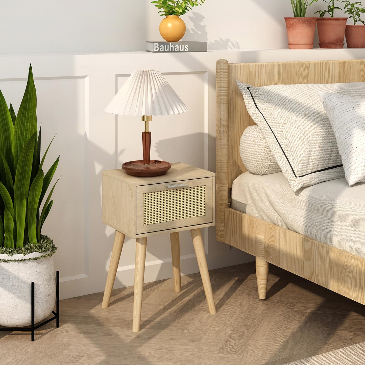 LAATOOREE Nightstand Set of 2, Small Bedside Table, Boho Side End Table, Rattan Door, Solid Wood Feet for Bedroom and Living Room