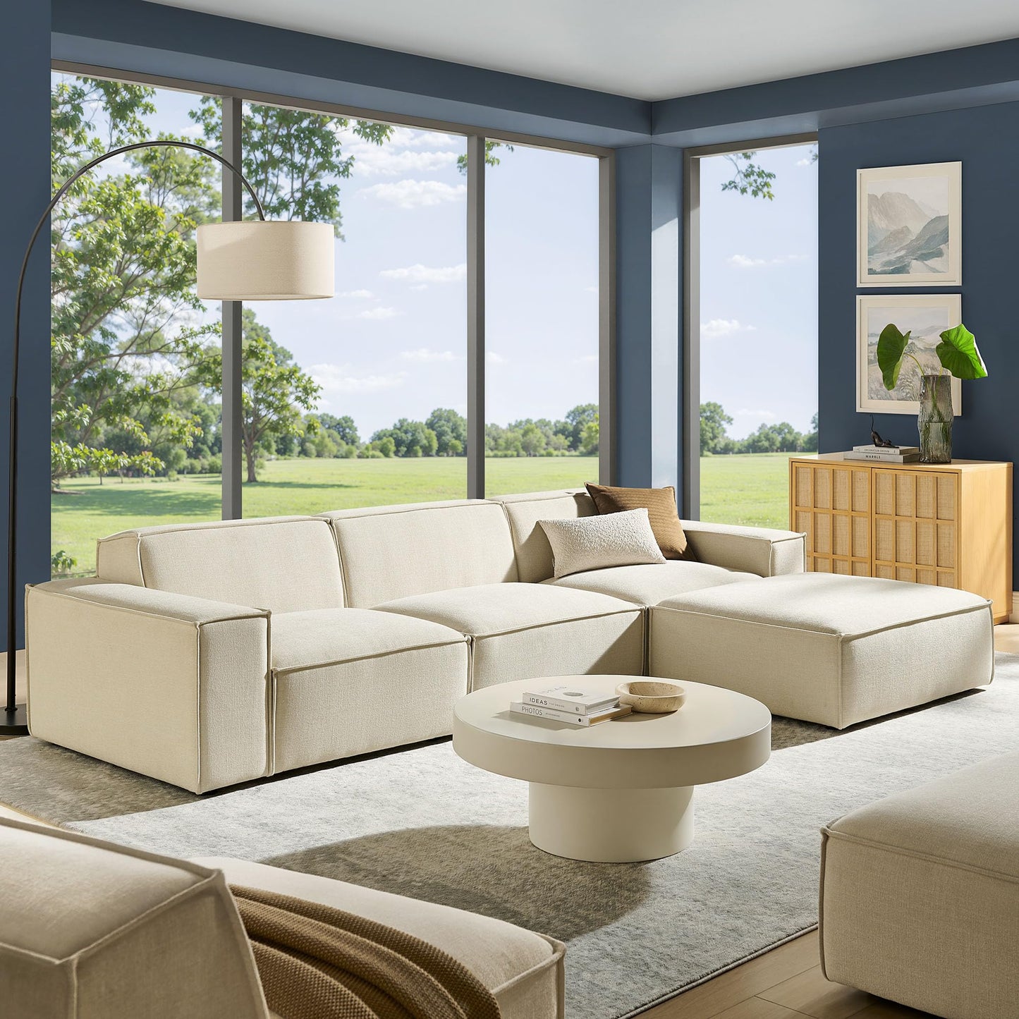 Modway Restore Performance Fabric Upholstered 4-Piece Modular Sofa Set with Ottoman in Ecru - Low Profile Sectional Sofa with Coil Seat Support and French Piping