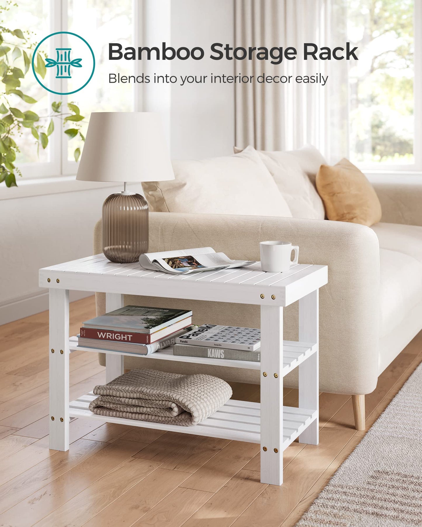 SONGMICS Shoe Rack Bench, 3-Tier Bamboo Shoe Storage Organizer, Entryway Bench, Holds Up to 286 lb, 11.3 x 27.6 x 17.8 Inches, for Entryway Bathroom Bedroom, Cloud White ULBS004W01