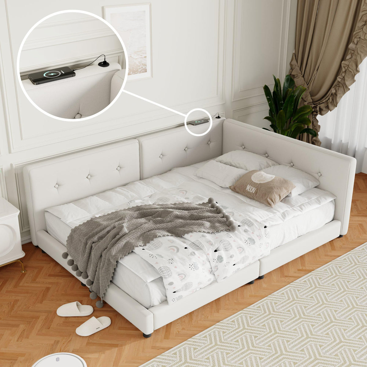 Merax Queen Size Modern Upholstered Platform Bed with USB Ports, Floor Daybed with Wood Slat Support/Queen,Beige