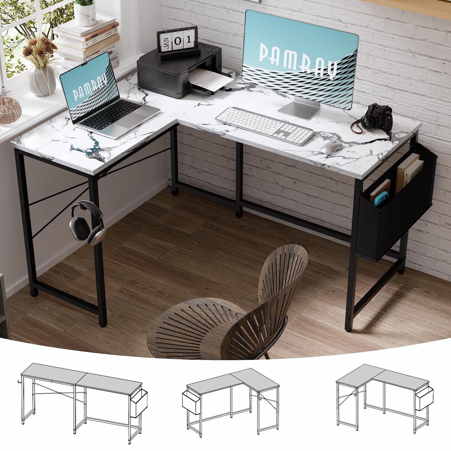 Pamray 47 Inch Reversible L Shaped Gaming Desk Corner Computer Desk with Storage Bag Home Office Table for Writing Study Marble