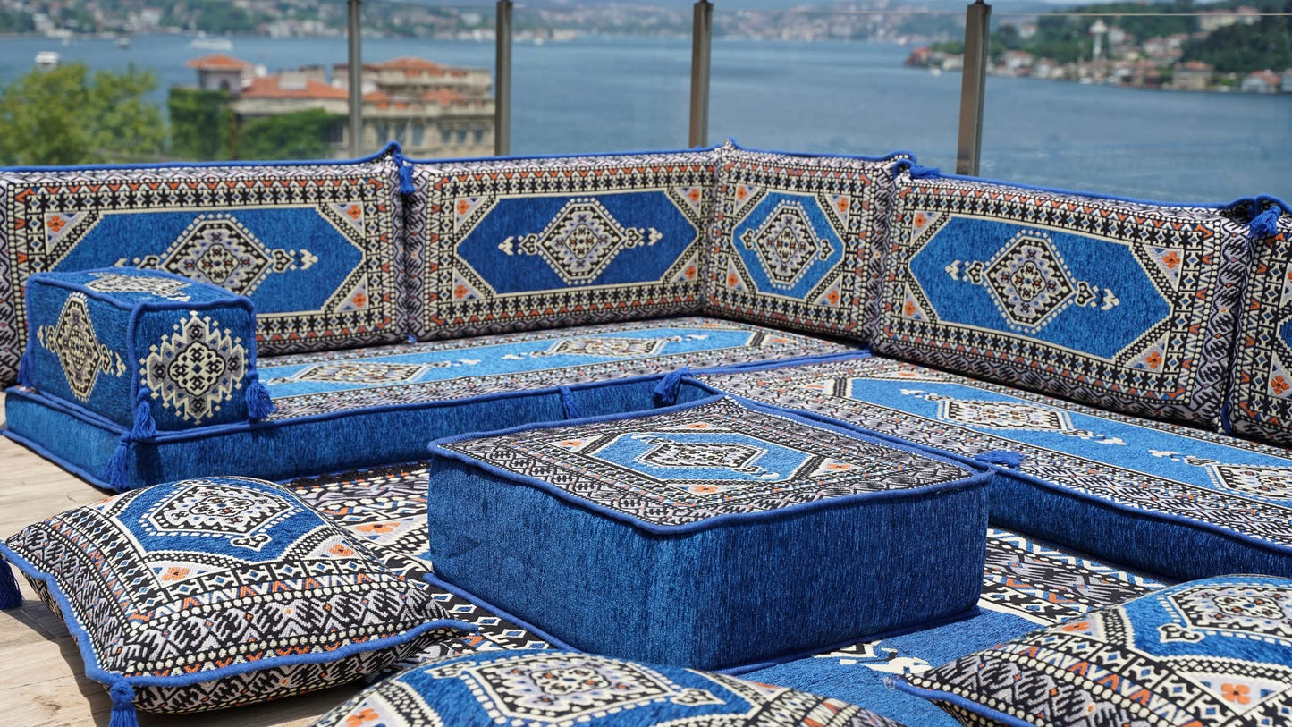 L Shaped Arabic Floor Cushions, Sectional Sofas, Arabic Majlis Set, Custom Made Sofa, Arabic Sofa Set, Seating Cushions (4'' Thickness Sofa, L Sofa Full Set, Royal Blue)