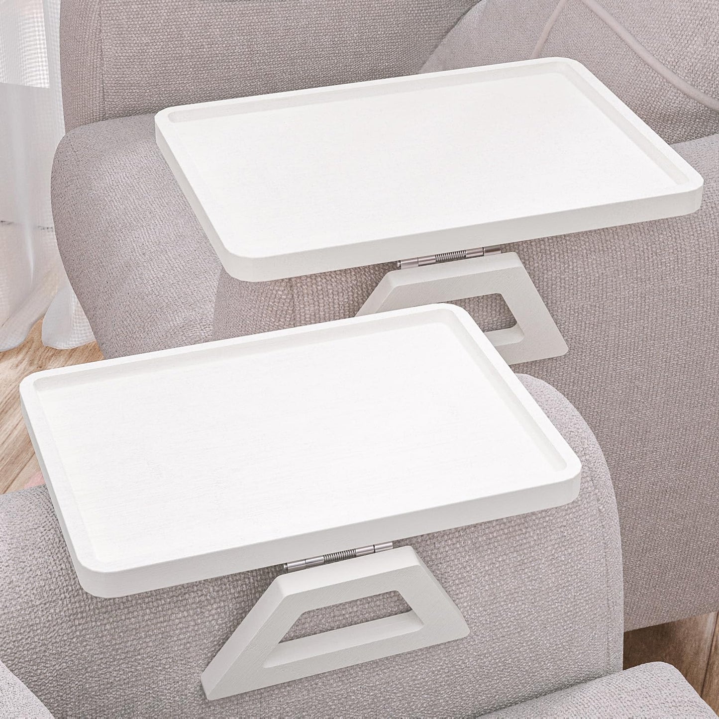 Danfoxer 2 Pack Couch Arm Tray,Bamboo Folding Sofa Tray,Sofa Armrest Trays Clip-On Couch Desk for Drinks,Snacks,Phone,Remote Control（White）