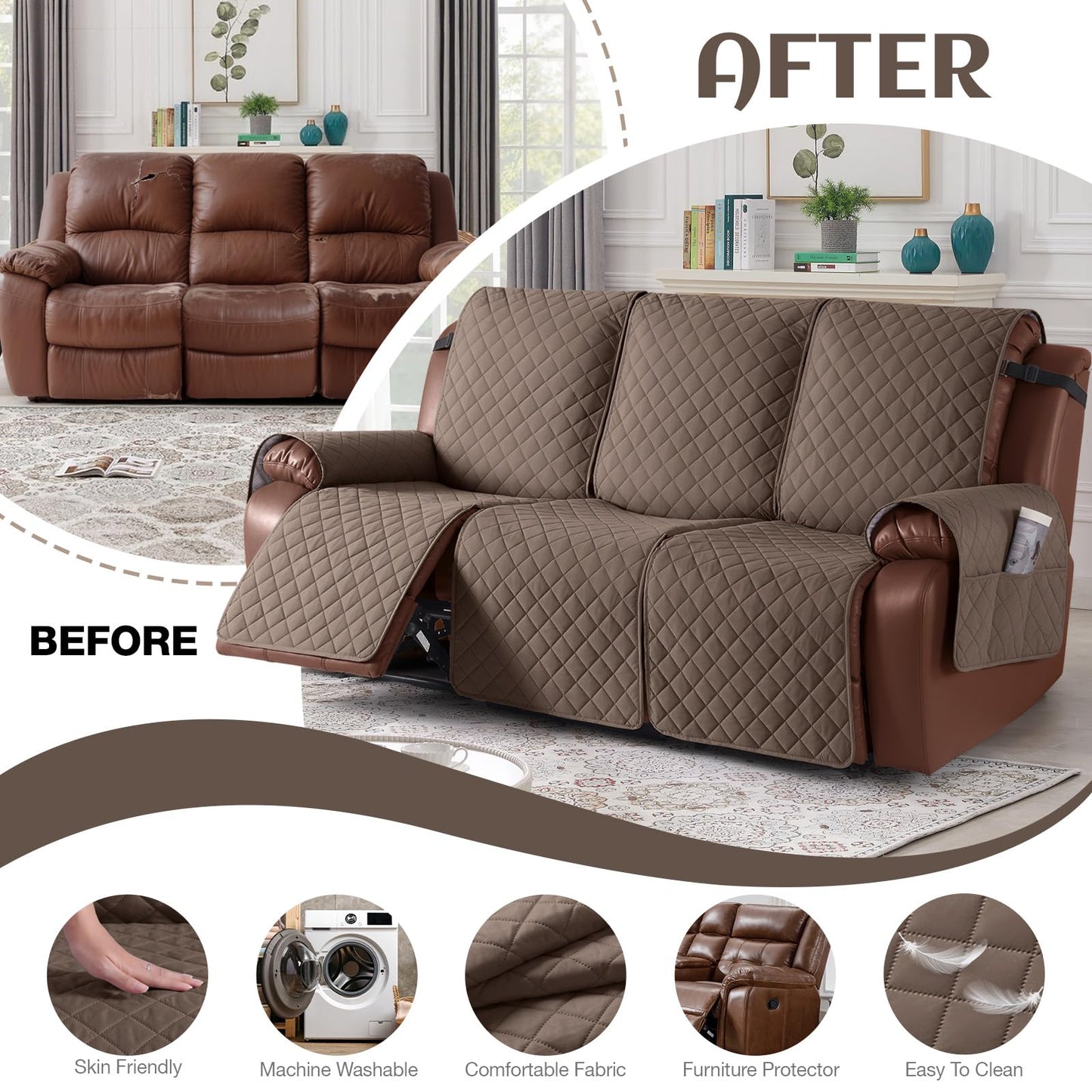 KinCam 100% Waterproof Recliner Couch Covers, Non-Slip Reclining Sofa Covers for 3 Seater, Recliner Couch Cover Furniture Protector with Elastic Straps for Pets, Kids, Brown