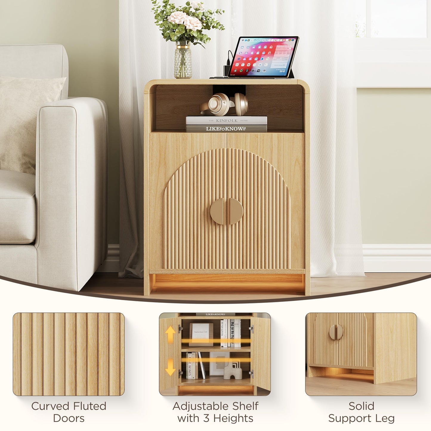Nightstand with Charging Station and LED Lights, Night Stands with Adjustable Storage Cabinet, Modern Side Table with Fluted Doors and Open Storage, Bedside Table for Bedroom, Natural