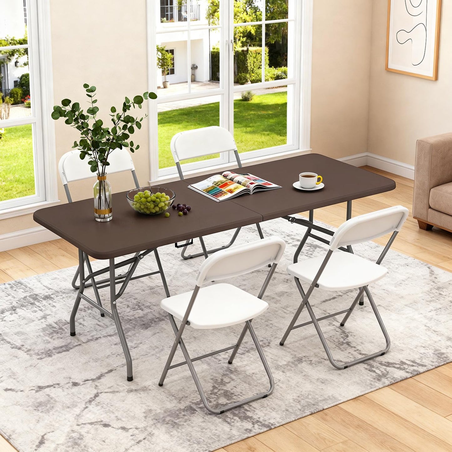 BestOffice 6 FT Picnic Table, Portable Plastic Folding Table with Carrying Handle Perfect for Picnics, Parties, Party and Camping, Brown