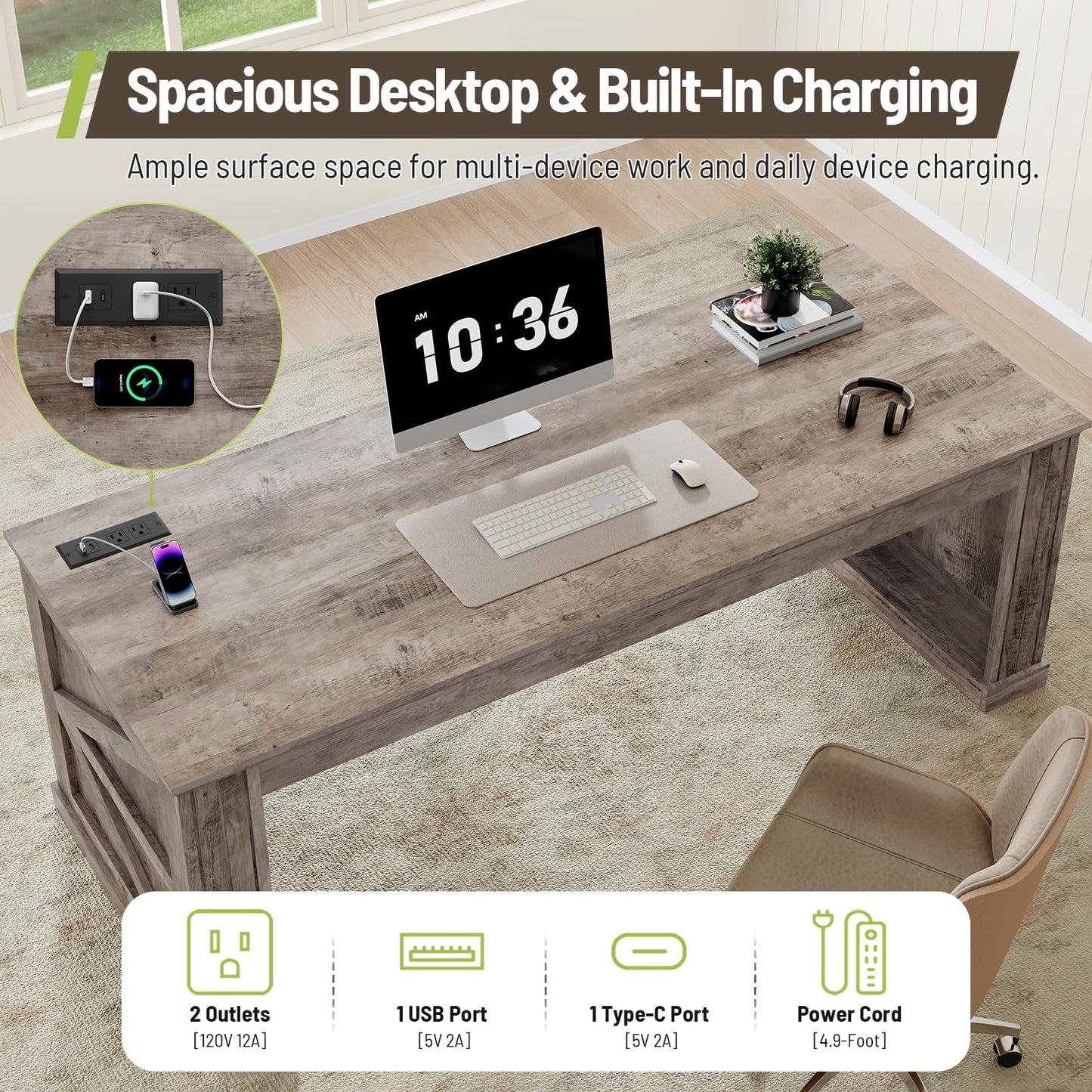 STHYTON 63-Inch Farmhouse Executive Desk, Long Computer Desk with Built-in Charging Station & Bottom Storage, Home Office Writing Study Desk for Bedroom, Living Room, Oak Gray