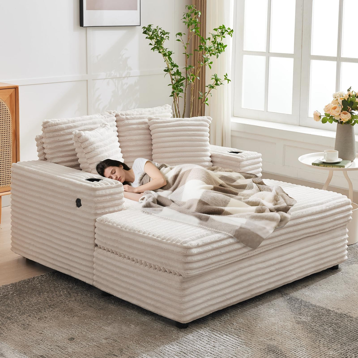 GarveeHome 60-inchOversized Chaise Lounge Chair Indoor, Comfy Corduroy Lounge Sofa with Charging Station, Cup Holders & Throw Pillows, Cozy Sleeper Couch for Living Room Apartments, Beige