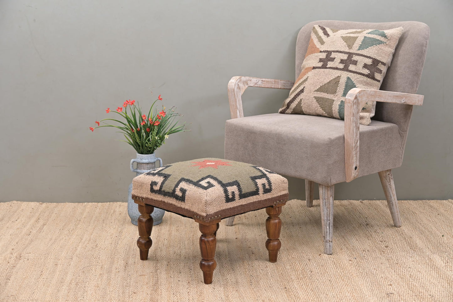 NATURAL FURNISH Solid Wood Upholstered Footstool | Handmade Southwestern Pattern Ottoman with Turned Wooden KD Legs | Decorative Accent Stool for Living Room, Entryway & End of Bed (Gray and Tan)